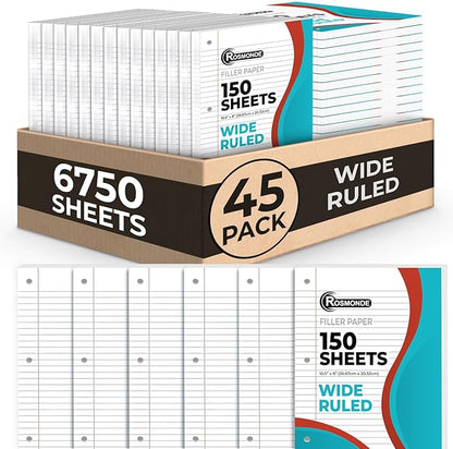 Rosmonde Loose Leaf Paper Bulk, 6750 Sheets, Wide Ruled Sheets, Bulk Notebook Paper, 8" x 10.5", Loose Leaf Papers, 3 Hole Punched for Standard Binders, 45 Pack, 150 Sheets/Pack, Filler-Paper, White