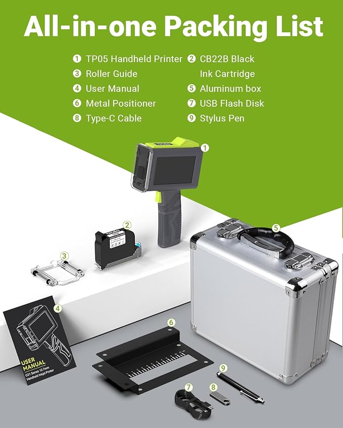 TESEN 2025 New Upgrade Handheld Inkjet Printer with 1/2 Inch (12.7mm) Printhead for Date Time Logo Batch Number QR Code Barcode Quick Drying Printing on Plastic Wood Carboard Metal Glass and More