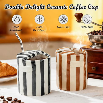 Novelty Ceramic Coffee Mug Designed to Look Like a Gift Box, 10oz Retro Hand-Painted Ceramic Travel Mug, Brown & White Striped, Microwave & Dishwasher Safe, Perfect Present for Coffee Lovers (Black)