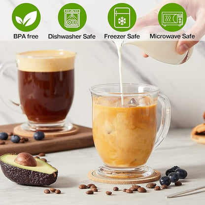 Mfacoy Glass Coffee Mugs Set of 4, Clear Large Coffee Mug 15 Oz With Handles for Hot Beverages, Clear Mugs for Tea, Cappuccino, Latte, Espresso Coffee, Juice, Glass Coffee Cups | Large Coffee Mug, With Handles, for Hot Beverages, Clear Mugs, for Tea, C...