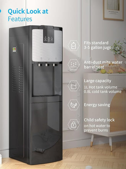 TABU Bottom Loading Water Cooler Dispenser with 3 Temperature Settings of Hot, Cold, Room Water, 3 or 5 Gallon Water Dispenser with Anti-Scalding & Child Safety Lock, Stainless Steel