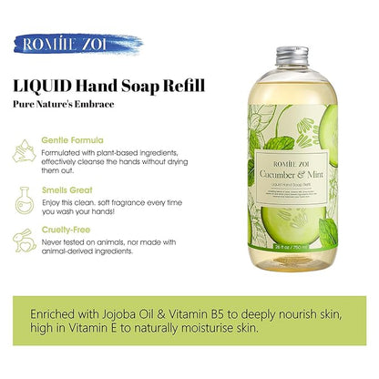 ROMIIE ZOI Liquid Hand Soap Refill, Cucumber & Mint, Gentle & Moisturizing Formula, 750 ML/ 26 FL OZ
