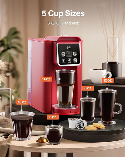 SHARDOR Single Serve Coffee Maker, Hot & Iced Coffee Machine for K Cup and Grounds, 6 to 14 oz Brew Sizes, 50 oz Removable Water Tank, Bold Brew Setting, Pod Coffee Maker with Reusable Filter, Red