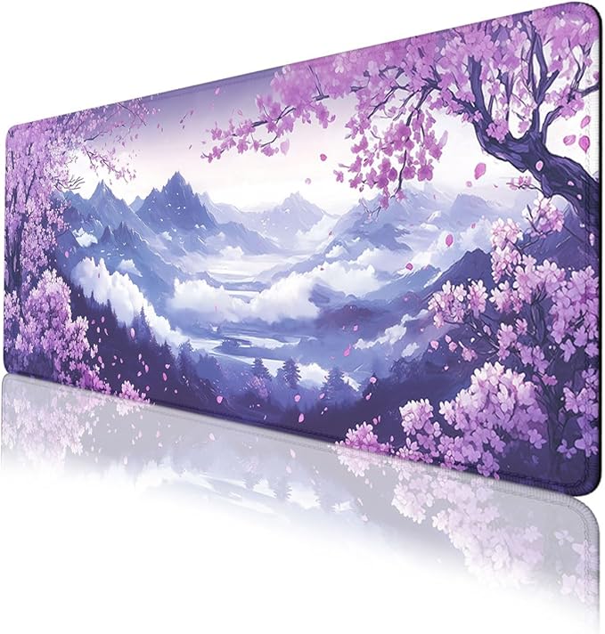 Cherry Blossom Desk Pad Mouse Pad Purple Spring Mountain Scenery Mousepad XL Large Gaming Mouse Pad Laptop Keyboard Mat Desk Pad 31.5"x11.8"