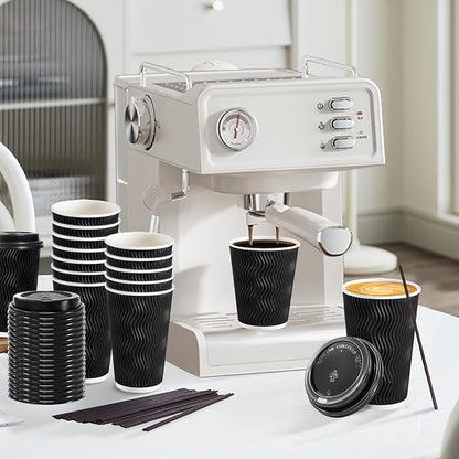 Lamosi 12 oz Disposable Coffee Cups with Lids, 50 Pack Insulated Hot Cups To Go Paper Coffee Cups with Lids and Straws, Corrugated Ripple Wall Cup for Hot Drink, Office, Coffee Bar (Black)