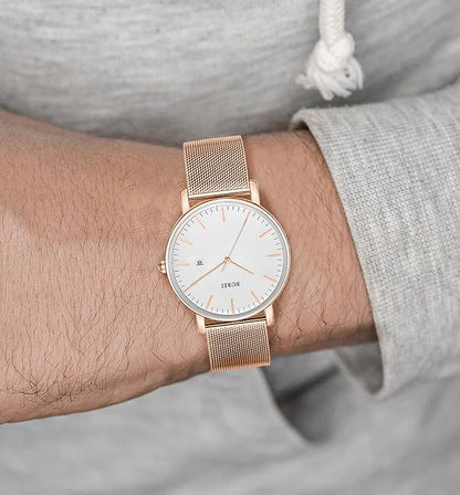 BUREI Men Watches Brown Leather Fashion Minimalist Wrist Watch Simple Ultra Thin Waterproof Quartz Watches All Black Stainless Steel Mesh Band,Gift for Men Women