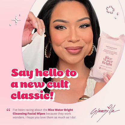 THE FACE SHOP X GLAMZILLA Rice Water Bright Cleansing Wipes On-the-Go Bundle for Face, Moisturizing, Infused with Rice Extract, Cleansing Facial Wipes, 25 Count (Pack of 3)