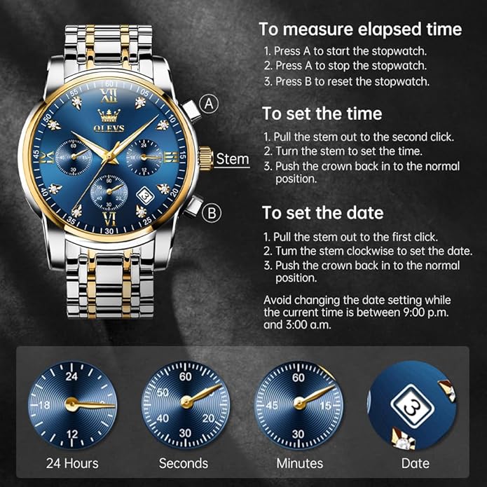 OLEVS Men's Luxury Watch Waterproof Luminous Easy Read Chronograph Watches Full Gold/White Dail/Black Face with Calendar Wristwatch
