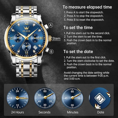 OLEVS Men's Luxury Watch Waterproof Luminous Easy Read Chronograph Watches Full Gold/White Dail/Black Face with Calendar Wristwatch