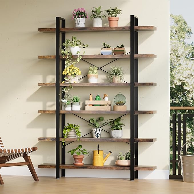 FURSUN Heavy Duty 5 Tier Bookcase, 70-in Tall Industrial Modern Large Bookshelf, Wood Farmhouse Bookcases Book Shelves and Metal Frame for Office, Bedroom, Living Room, Brown