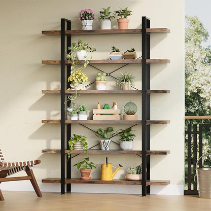 FURSUN Heavy Duty 5 Tier Bookcase, 70-in Tall Industrial Modern Large Bookshelf, Wood Farmhouse Bookcases Book Shelves and Metal Frame for Office, Bedroom, Living Room, Brown