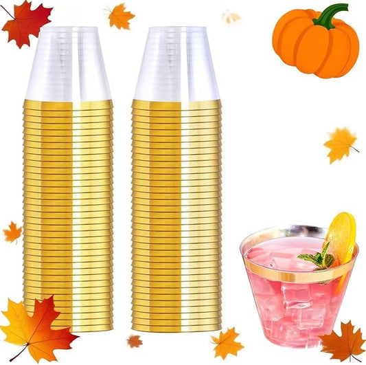 WELLIFE 120 PCS Gold Plastic Cups,9 oz Clear Plastic Cups,Disposable Wine Glasses for Party and Wedding
