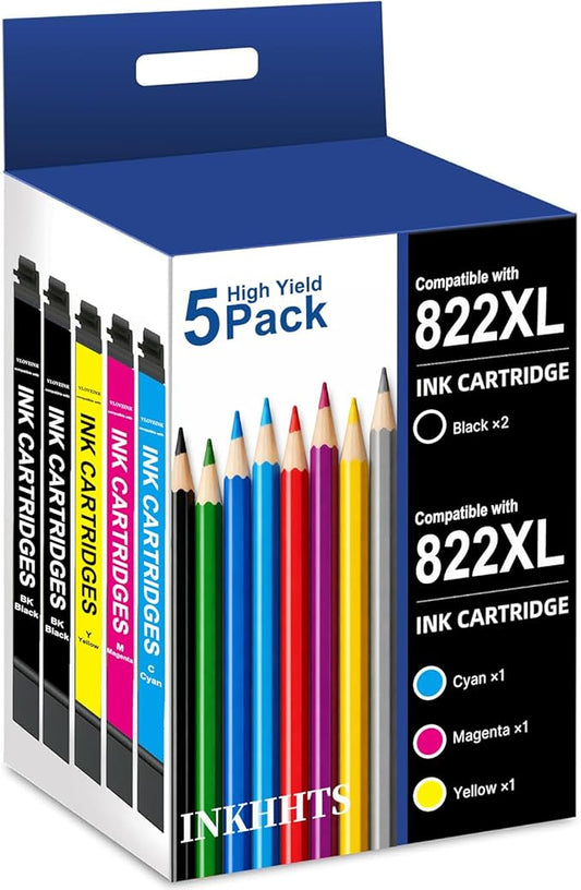 Remanufactured for 822XL Ink Cartridge Replacement for Epson 822XL Ink Cartridges Combo Pack for 822 XL Printer Ink High Yield 822 XL use with Pro WF-3820 WF-3823 WF-4833 WF-4820 WF-4830 (5 Pack)