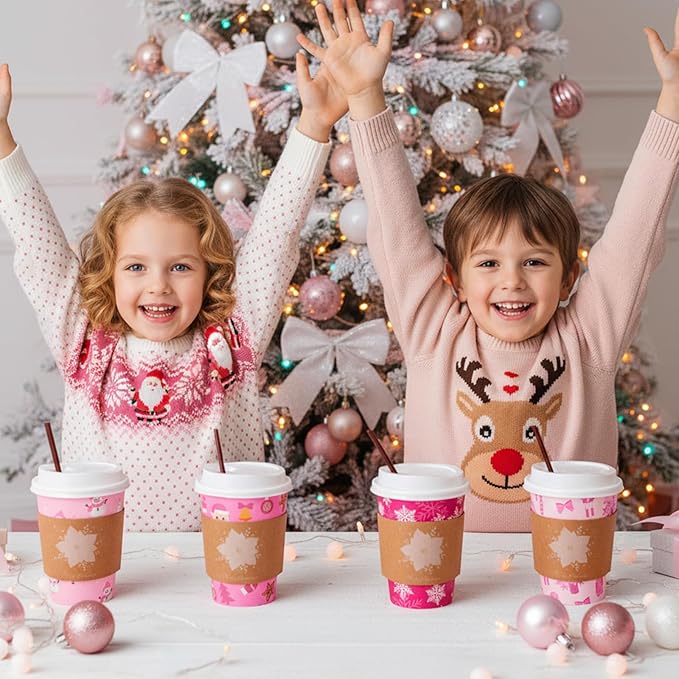 Lallisa 100 Sets Pink Christmas Disposable Coffee Paper Cups Bulk with Lids Sleeves & Straws, 12 oz Xmas Snowman Snowflake Coffee Cups for Hot Cold Cocoa Tea Holiday Party Supplies