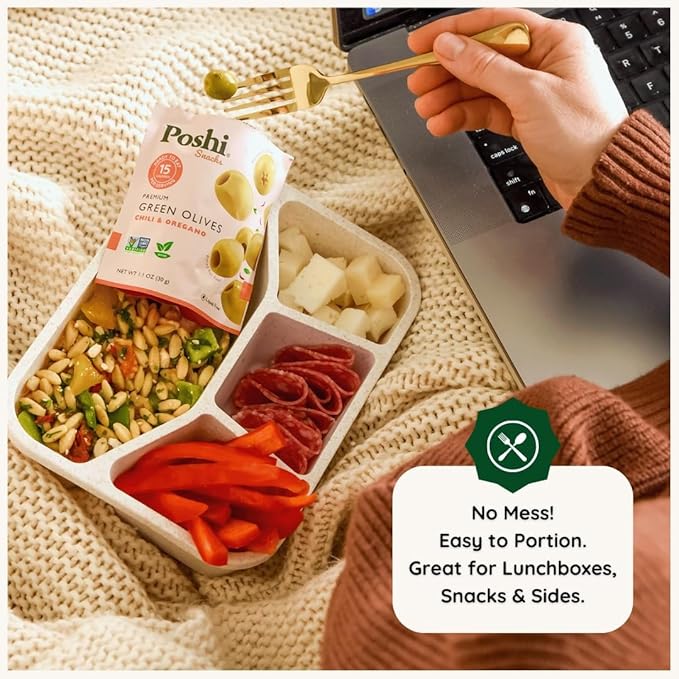POSHI Green Pitted Olives - Chili & Oregano | Vegan, Kosher, Gluten Free + Keto Friendly, Fresh, All Natural Low Calorie Healthy Snacks | (30 Pack, 1.1oz Bags)