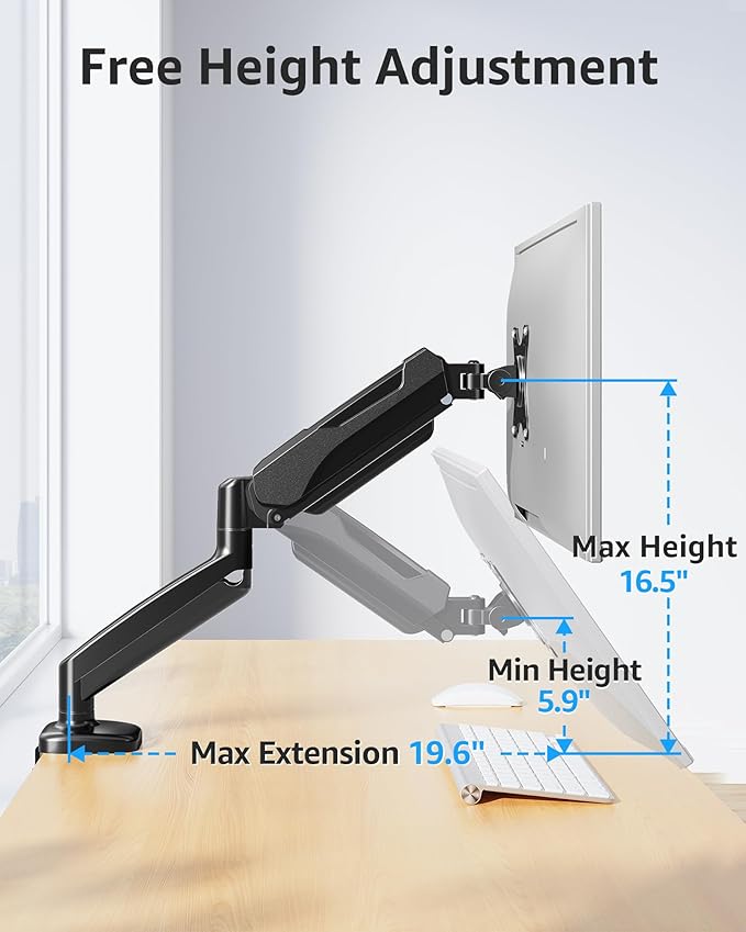MOUNTUP Single Monitor Desk Mount Holds Screen up to 32 inch, Adjustable Gas Spring Monitor Arm, Computer Monitors Stand with Clamp/Grommet Mounting Base, VESA Mounts Fit 4.4-17.6lbs Computer, Black