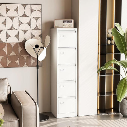 5 Drawer File Cabinet with Lock, Metal Filing Cabinets, 5-Vertical Filing Cabinet,Steel Lockable Storage Cabinets for Home Office to Organization Hanging Letter/Legal/F4/A4,White