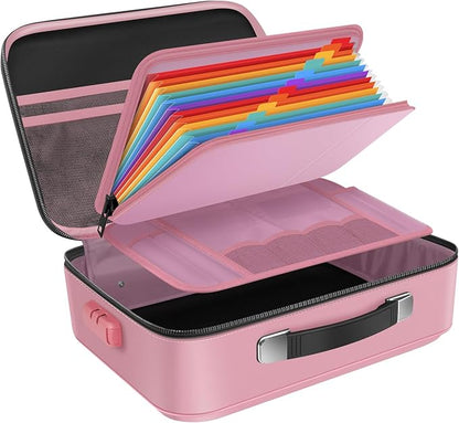 Fireproof Document Box Hard Case With Lock, Multi-Layer Fire Proof Water Resistant Safe Box File Organizer Bag With Small Money Bag for Important Documents Passport Certificates Laptop (Pink)