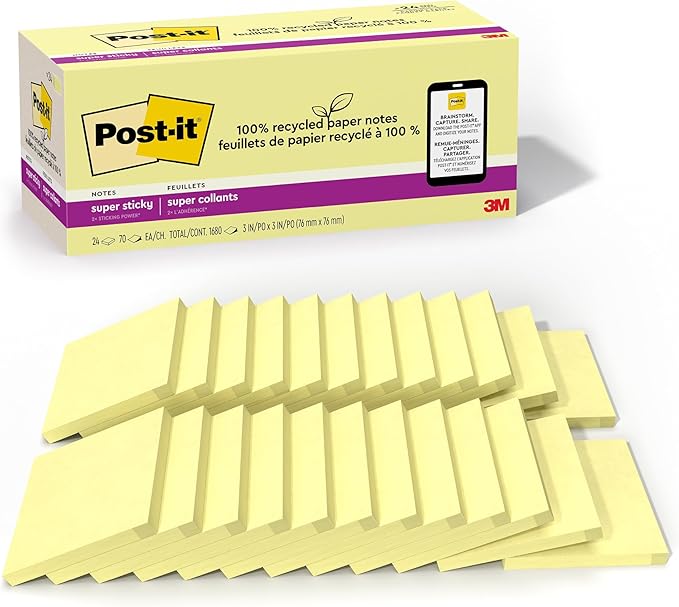 Post-it 100% Recycled Paper Super Sticky Notes, 2X The Sticking Power, 3x3 in, 24 Pads/Pack, 70 Sheets/pad, Canary Yellow (654R-24SSCY-CP)