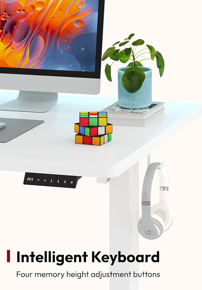 SANODESK Electric Standing Desk 55 x 28 Inches Whole-Piece Desktop Height Adjustable Stand Up Desk w/6-Button Controller Ergonomic Computer Desk for Home Office, White Frame + White Tabletop