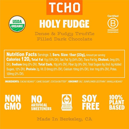 TCHO Holy Fudge 76% Dark Chocolate Bars (10 pack) | Single Origin, Plant Based, Organic & Fair Trade, | Non GMO, Non-Dairy, Vegan Chocolate, Soy Free (2.5oz each)