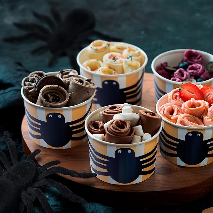 Paper Ice Cream Cups, 50-Count 9-Oz Disposable Dessert Bowls for Hot or Cold Food, 9-Ounce Halloween Party Supplies Treat Cups, Spider