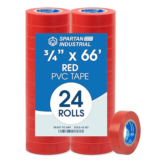 SPARTAN INDUSTRIAL - 3/4" X 66' Red Vinyl Tape - 24 Rolls of Colorful Electrical Tape for Color Coding, Cable Repair, and More