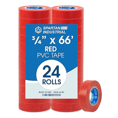 SPARTAN INDUSTRIAL - 3/4" X 66' Red Vinyl Tape - 24 Rolls of Colorful Electrical Tape for Color Coding, Cable Repair, and More