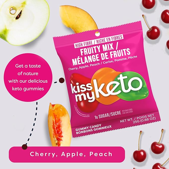 Kiss My Keto Sugar Free Gummies, Fruity Mix 16-Pack – Satisfy Cravings while Staying in Ketosis – High Fiber, 7g Net Carbs, Non-GMO, Vegan, & Gluten-Free – Low-Calorie Vegan Candy
