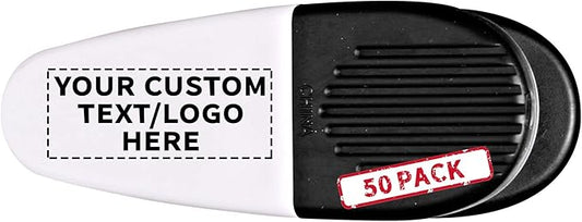 50 Magnetic Memo Holders Set - Customizable Text, Logo - Large Clip, Plastic - White Black