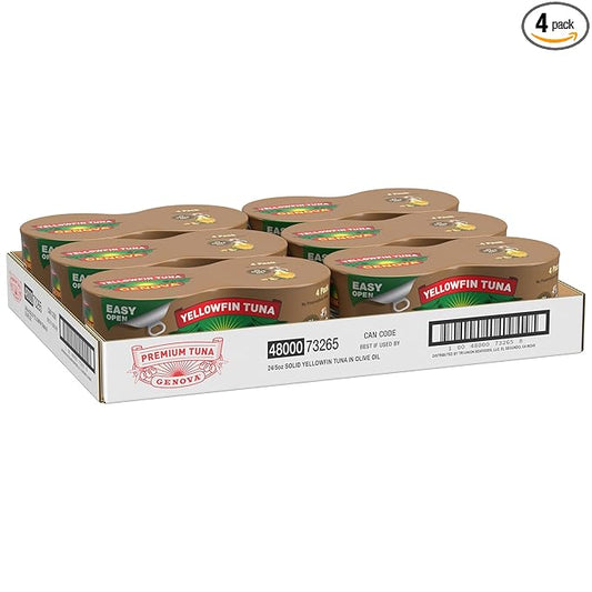 Genova Premium Yellowfin Tuna in Olive Oil, 4-5 Ounce Cans (Pack of 6), Wild Caught Canned Tuna, Solid Light