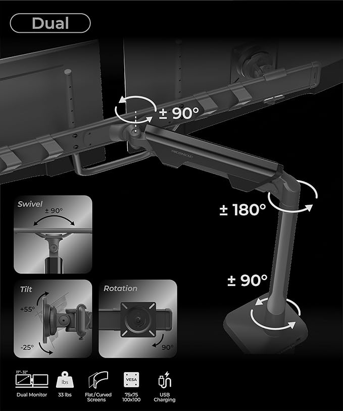 Dual Monitor Arm Desk Mount with Gas Spring & USB Charging, Fits 17–32” inches Screens up to 33 lbs, VESA 75x75/100x100, Crossbar Handle for Easy Adjustment, Black, Dual