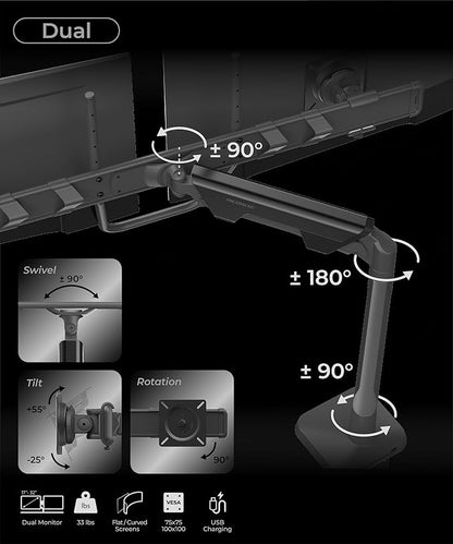 Dual Monitor Arm Desk Mount with Gas Spring & USB Charging, Fits 17–32” inches Screens up to 33 lbs, VESA 75x75/100x100, Crossbar Handle for Easy Adjustment, Black, Dual