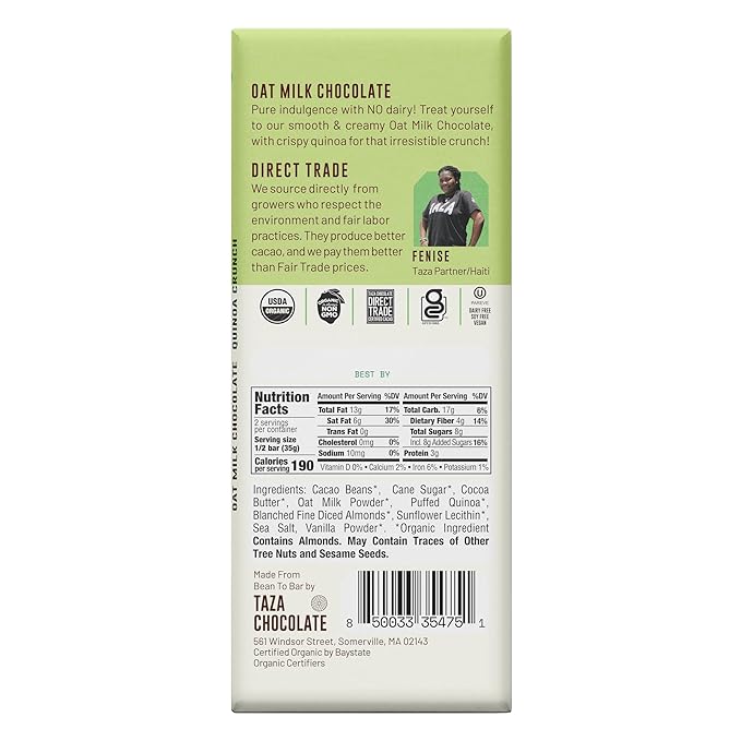 Taza Chocolate Organic Oat Milk Chocolate Bar, Quinoa Crunch, 2.5 Ounce (10 Count), Vegan