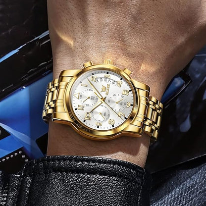 OLEVS Men's Stainless Steel Chronograph Watch, Big Face Gold Silver Black Tone Easy to Read Analog Quartz Watch, Luxury Waterproof Date Diamond Roman Arabic Numerals Dial Dress Watch for Men