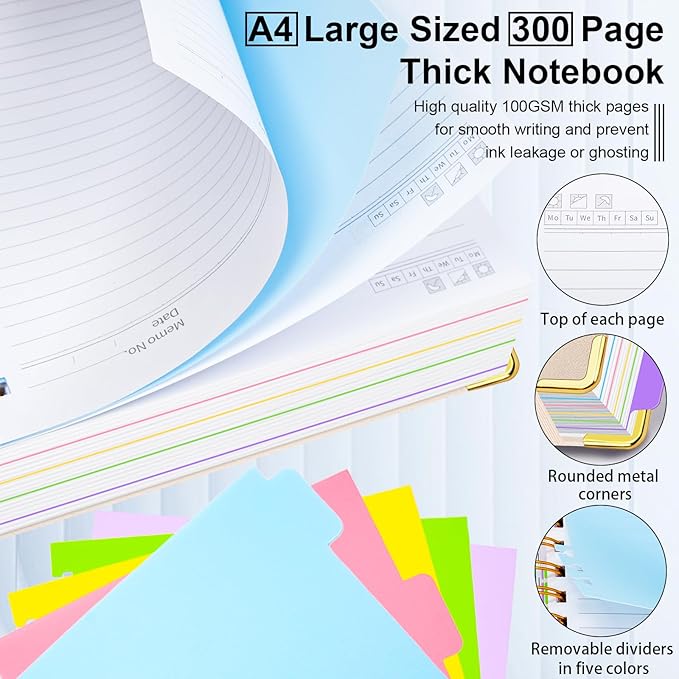 Hardcover Spiral Notebook 8.5"x11" Journal Notebook with Tabs and Removable Dividers 300 Pages 5 Subject Notebook College Ruled, Faux Leather Spiral Bound Notebook for Women School Work(White)