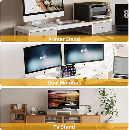 Dual Monitor Stand Riser with 2 Drawers - 39Inch Large Storage Computer Monitor Stands for 2 Monitors, Wooden Desktop Organizer Perfect for Home Office Desk, Computer, Laptop, TV, White