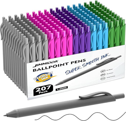Ballpoint Pens Bulk - 207 Pcs Black Ink Pens | 1.0 Medium Point Smooth Writing, Wholesale Retractable No Bleed Ball Point Pen for Men Women (Color Barrel)
