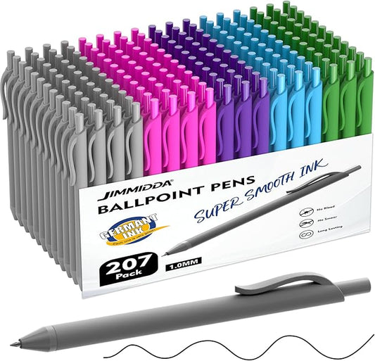 Ballpoint Pens Bulk - 207 Pcs Black Ink Pens | 1.0 Medium Point Smooth Writing, Wholesale Retractable No Bleed Ball Point Pen for Men Women (Color Barrel)