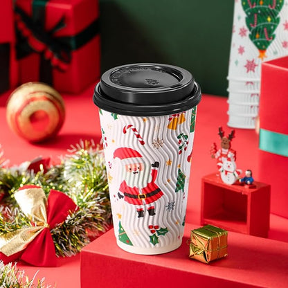 Lamosi 50 Pack - 16 oz Christmas Coffee Cups with Lids, Insulated Disposable To Go Paper Coffee Cups, Corrugated Ripple Wall Cup for Hot Drink