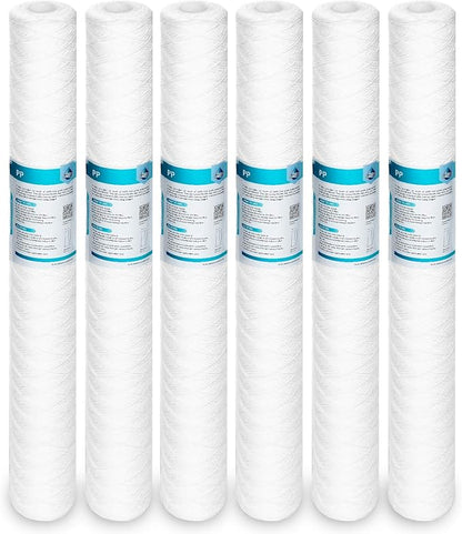 Membrane Solutions 10 Micron 2.5" OD x 20" Length String Wound Sediment Polypropylene Replacement Water Filter Cartridge - 6 Pack