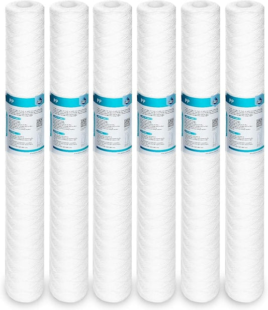 Membrane Solutions 10 Micron 2.5" OD x 20" Length String Wound Sediment Polypropylene Replacement Water Filter Cartridge - 6 Pack