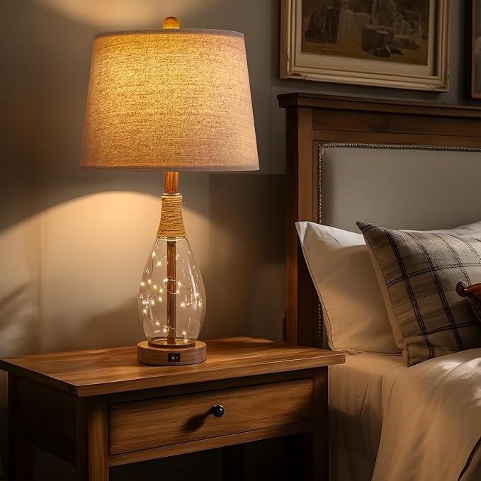 OYEARS 23" USB A+C Table Lamp Set of 2 Modern Bedside Lamps Retro Farmhouse Rattan Glass Nightstand Nightlight Lamps for Bedroom Living Room Dorm,Two Light Points