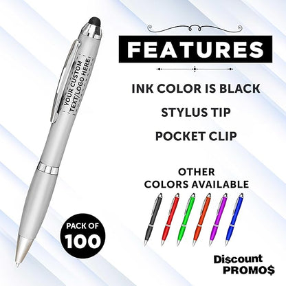 DISCOUNT PROMOS Custom Plastic Stylus Pens Set of 100, Personalized Bulk Pack - Black Ink, Great for Office, School, Business, Tradeshows, Events - Silver