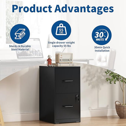 2-Drawer Locking Vertical File Cabinet, Metal Storage Cabinet for Office/Home – Secure Vertical Filing for Letter/Legal/A4/F4 Documents, Easy to Assemble Steel Cabinet (Black, 2 Drawer-25 H)