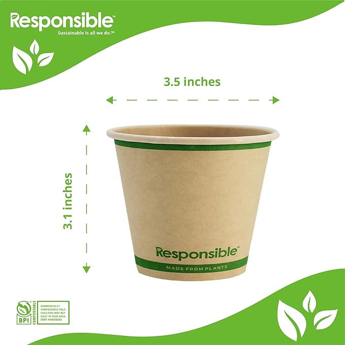 Responsible Products 8 oz Paper Hot Cups (Squat), Tree-Less™ Compostable Paper Coffee Cups, Extra Strength, Tree-Free and Made Without PFAS, Natural Brown (1000 Count)