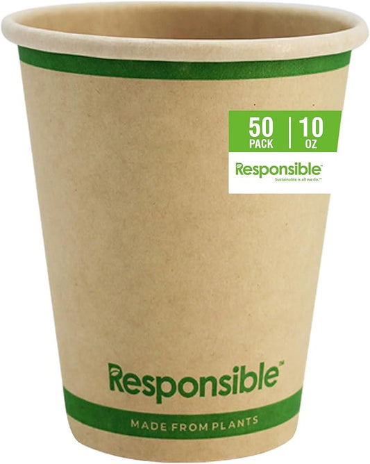 Responsible Products Certified Compostable 10 oz Paper Cups, Cold ＆ Hot Coffee Cups, Disposable Paper Cups, Extra Strength Disposable Cups, Made without PFAS (50 count)