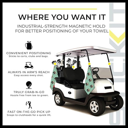 STICKIT Magnetic Seafoam Green Golf Towel with Golf Ball Skulls | Top-Tier Microfiber Golf Towel with Deep Waffle Pockets | Industrial Strength Magnet for Strong Hold to Golf Carts or Clubs