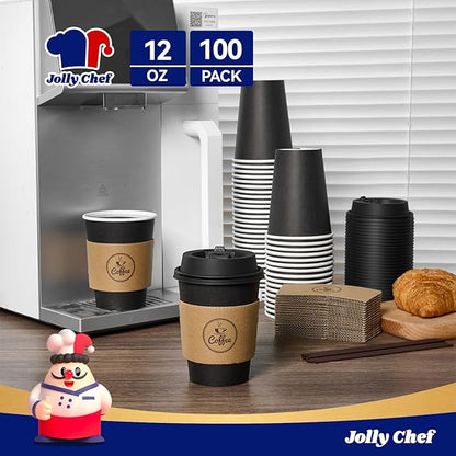 JOLLY CHEF 100 Pack 12 oz Coffee Cups with Lids, Sleeves and Stirrers, Disposable Black Hot Paper Coffee Cups for all Kinds of Beverages