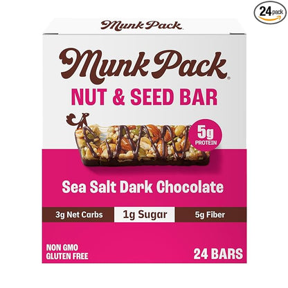 Munk Pack Sea Salt Dark Chocolate Nut & Seed Snack Bars Stocking Stuffers | 5g Protein, 1g Sugar, 3g Net Carbs | Plant-Based, Low Sugar, Non-GMO, Gluten-Free, Snacks | 24 Count (4.92 oz)